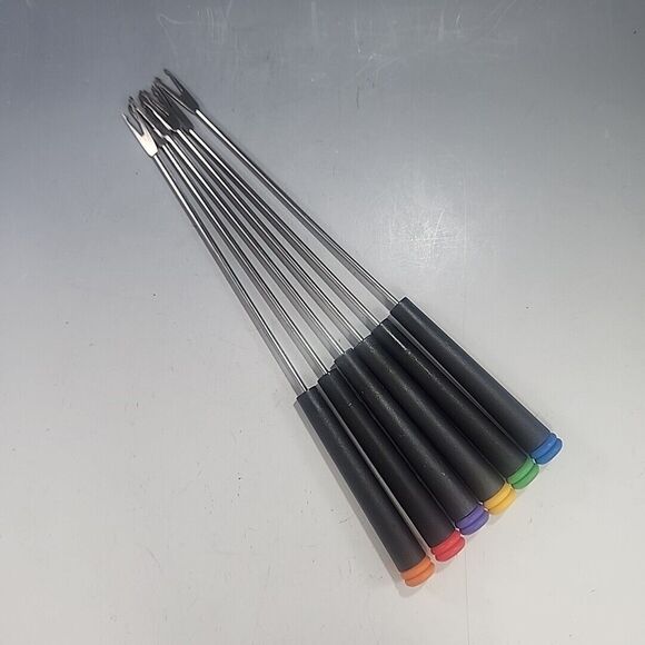 Fondue 9.5" Long Metal Fork Set Plastic Handle w Color Insert MCM Set 6 - Picture 1 of 8